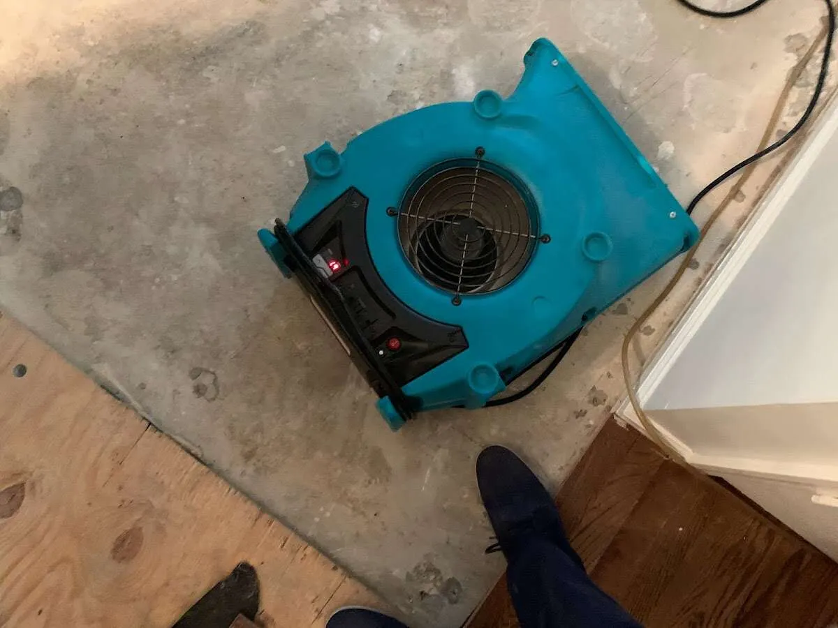 Air mover drying subfloor during Commercial Water Damage Restoration in Muskegon